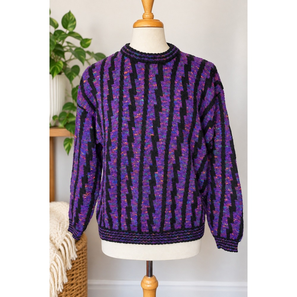 Vintage 90s Purple Black Abstract Geometric Textured Grandpacore Knit Sweater L